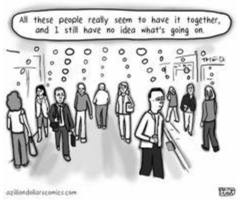 Diagram showing pluralistic ignorance: multiple figures with thought bubbles where outer bubbles show agreement with the group but inner thoughts reveal private doubts, illustrating how silent agreement masks private disagreement